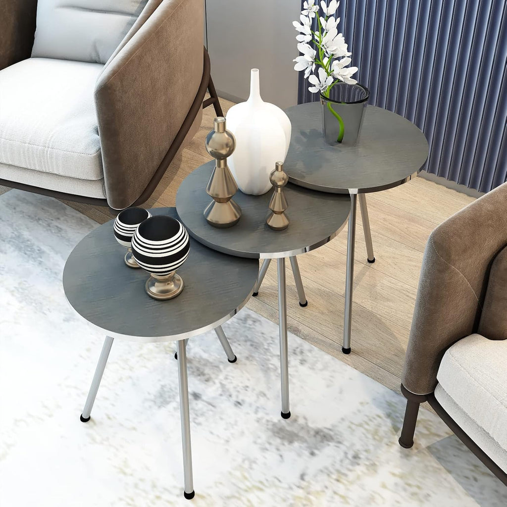 Set of 3 Nesting END Tables - Round Stacking Coffee Side Tables for Small Spaces, Nightstand Bedside Table for Living Room, Bedroom, Living Room, Balcony, Office, NO-Tools Assembly (Silver)