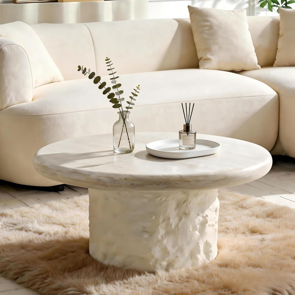 Round Coffee Table for Living Room Modern Faux Marble Center Circle Side Drum Accent Farmhouse Coffee Tables Mid Century for Apartment Bedroom Office Balcony (35.04' x 14.96') Beige