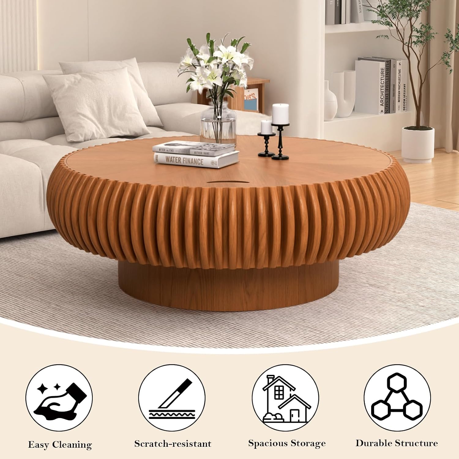 39.37' Round Fluted Coffee Table with Storage Unique Contemporary Wood Low Circle Drum Tea Tables - Sturdy Pedestal for Small Space (J Brown 39.37in)