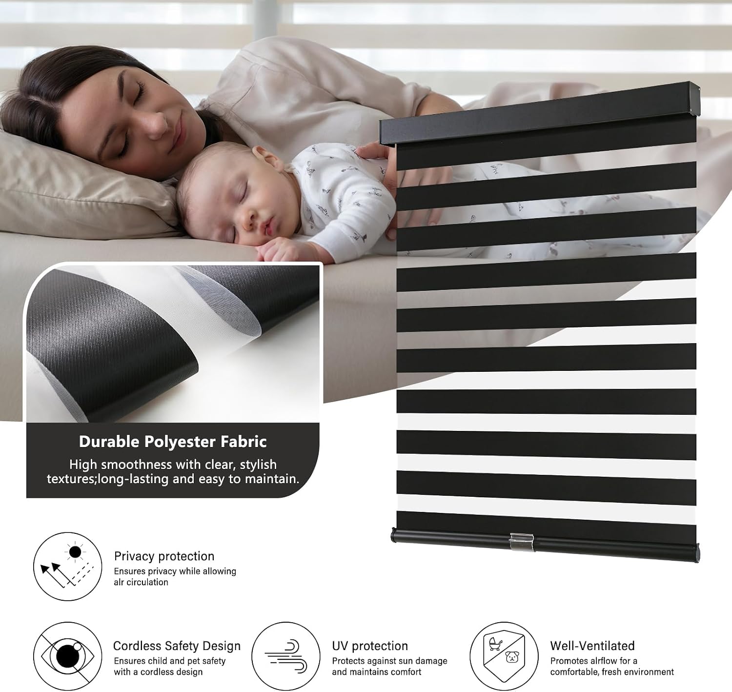 AOSKY Cordless Zebra Blinds for Windows Pull Down Roller Window Shades Dual Layer Light Filtering Privacy for Day and Night, Free-Stop Door Shades for Home Easy to Install (56' W X 72' H, Black)