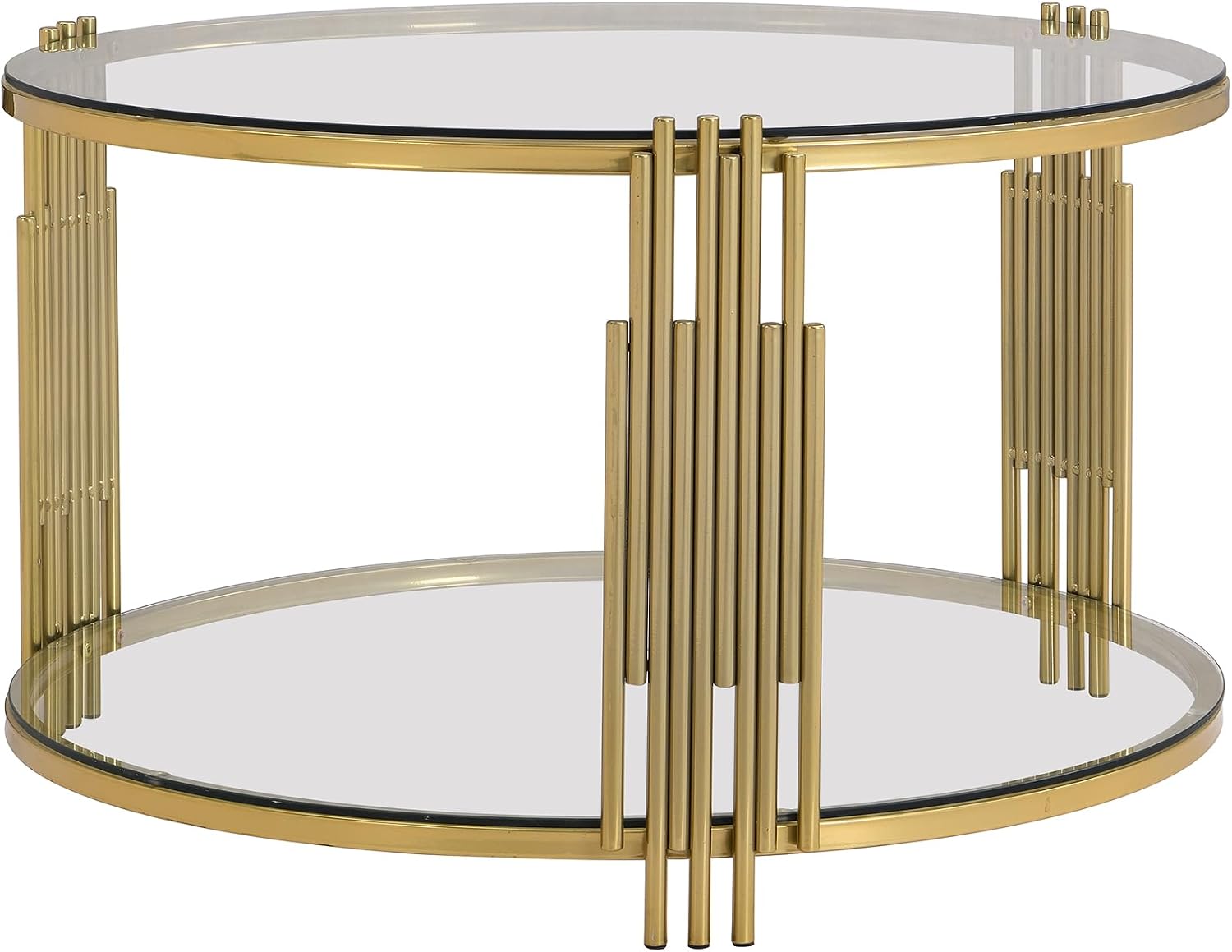 31.5'' Tempered Glass Round Coffee Table for Living Room, 2-Tier Modern Circle Coffee Table, Transparent Mirror Tabletop & Metal Drum Base, Easy Assembly, Transparent & Gold