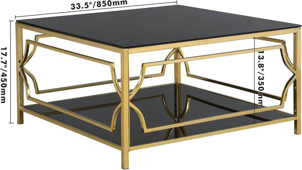 33.5'' Tempered Glass Square Coffee Table for Living Room, 2-Tier Modern Coffee Table, Black Mirror Tabletop & Metal Base, Easy Assembly, Black & Gold