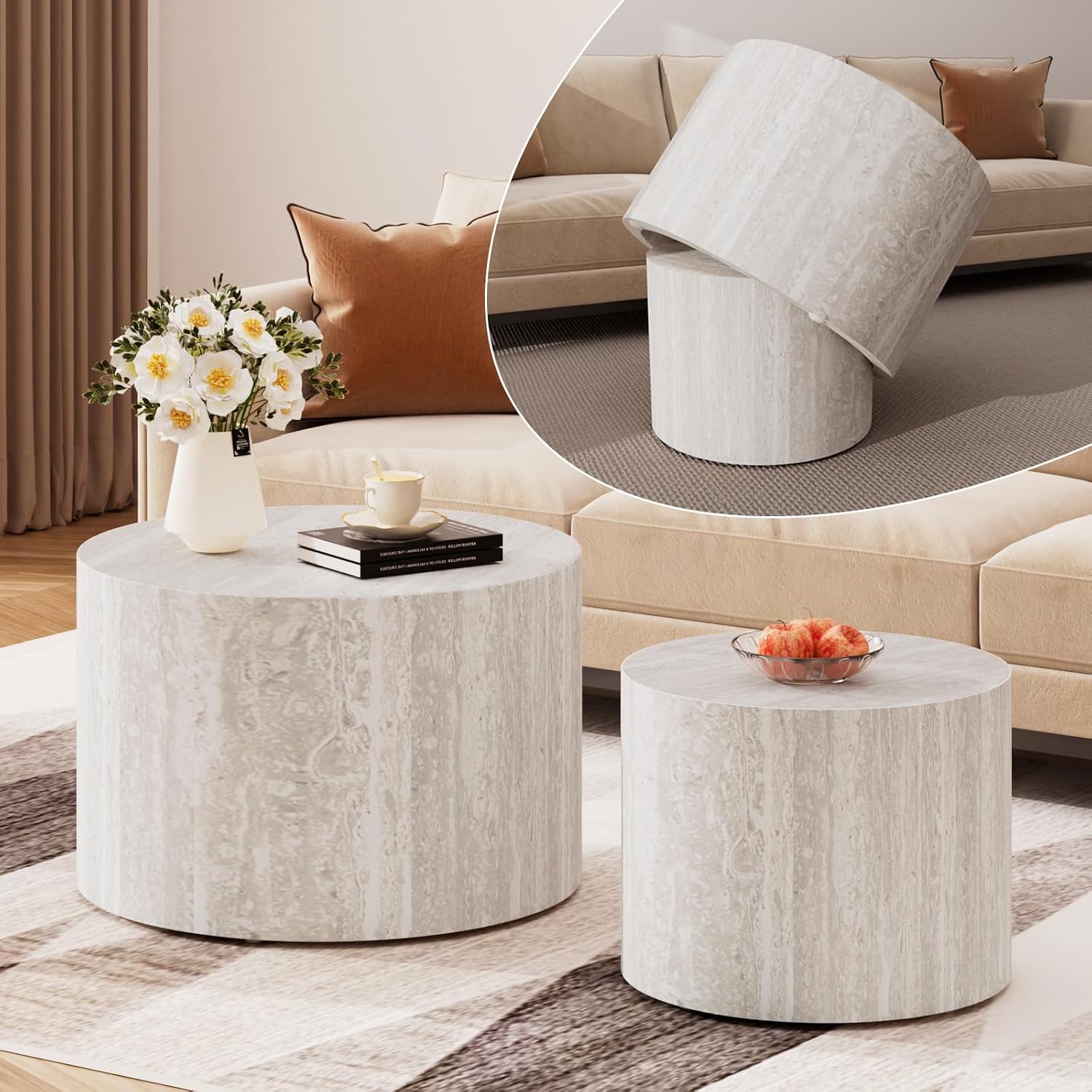 Round Nesting Coffee Table Modern Circular Small Nested End Table - Chic Wood Texture Veneer for Living Room Balcony Study (G 18.1+14.6in)
