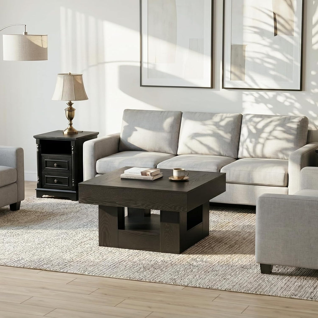 OKYCI Modern Coffee Table and End Table Set of 3 for Living Room, Includes 31.5' Coffee Table & 2 Side Table with 2 Drawers & Charging Station, Black