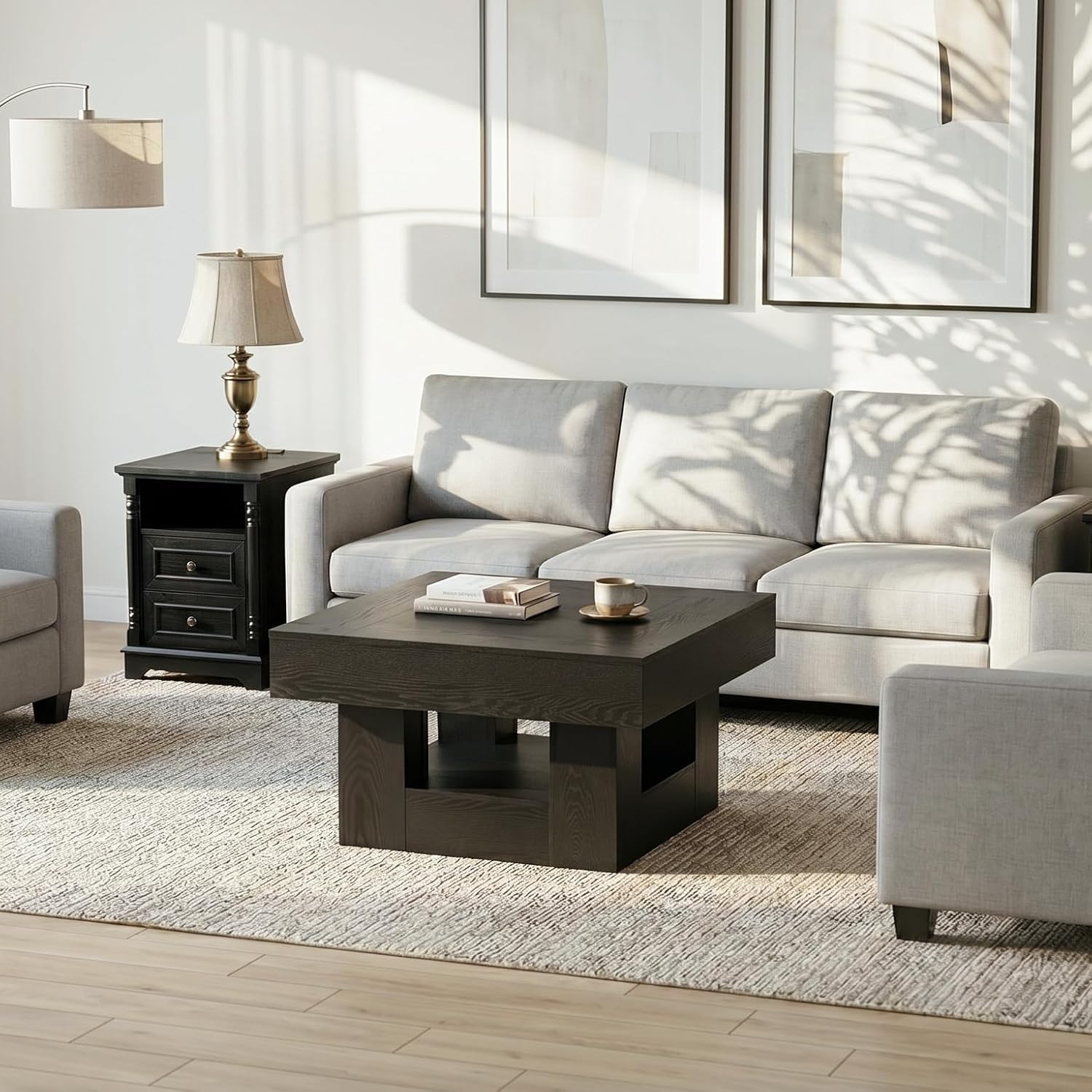 OKYCI Modern Coffee Table and End Table Set of 3 for Living Room, Includes 31.5' Coffee Table & 2 Side Table with 2 Drawers & Charging Station, Black