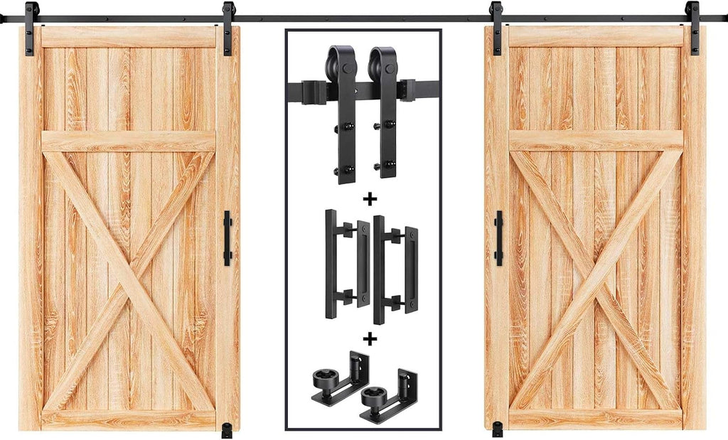 EaseLife 14 FT Double Sliding Barn Door Track and Handle Hardware Kit,Basic J Pulley,Slide Smoothly Quietly,Easy Install (14FT Track Kit Fit for 40'~42' Wide Double Door)