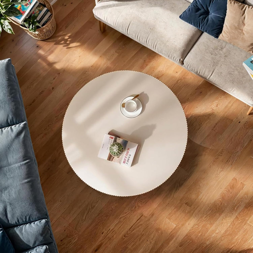 Round Fluted Coffee Table Round Drum Coffee Table for Living Room Modern Circular Pedestal Center Table (Circle Ivory White 30.9in)