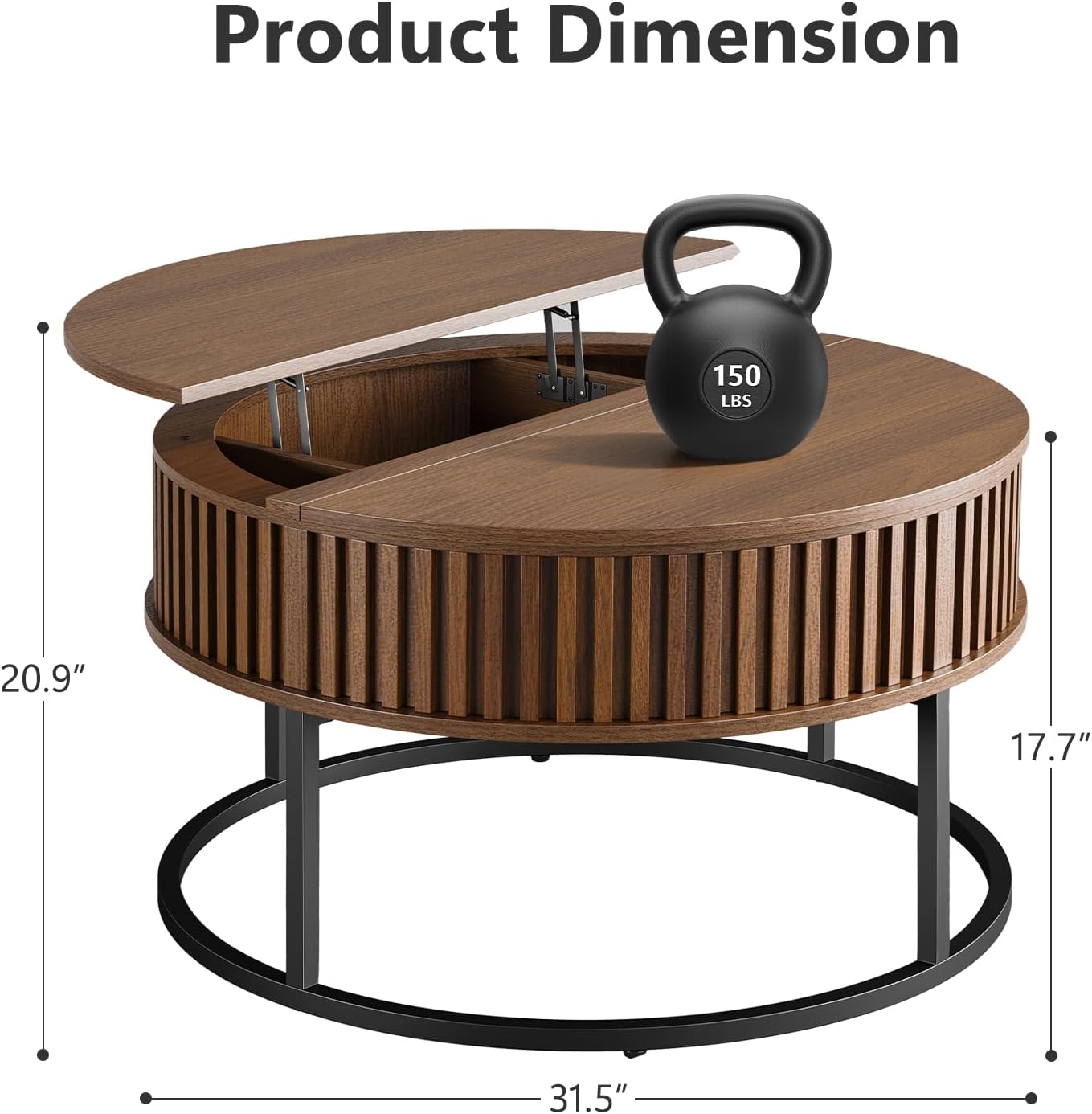 Round Coffee Table with Lift Top - Fluted Wood Center Coffee Tables for Living Room, Lifting Up for Dining, Large Hidden Circle Storage Compartment for Small Spaces, Mid Century Modern