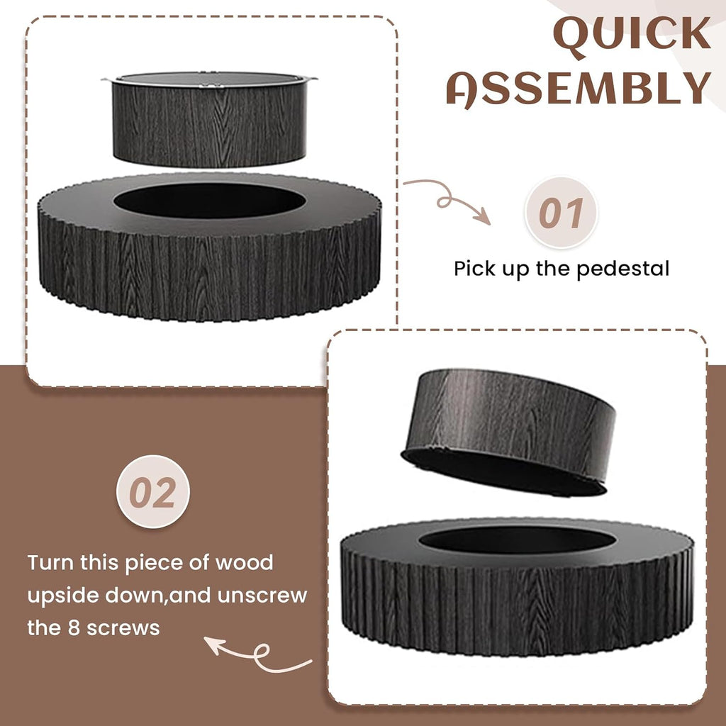 31.49' Round Coffee Table Wood, Modern Unique Circle Coffee Table, Contemporary Oak Drum Fluted Accent Side Table Center for Living Room, Small Space, Apartment, Black
