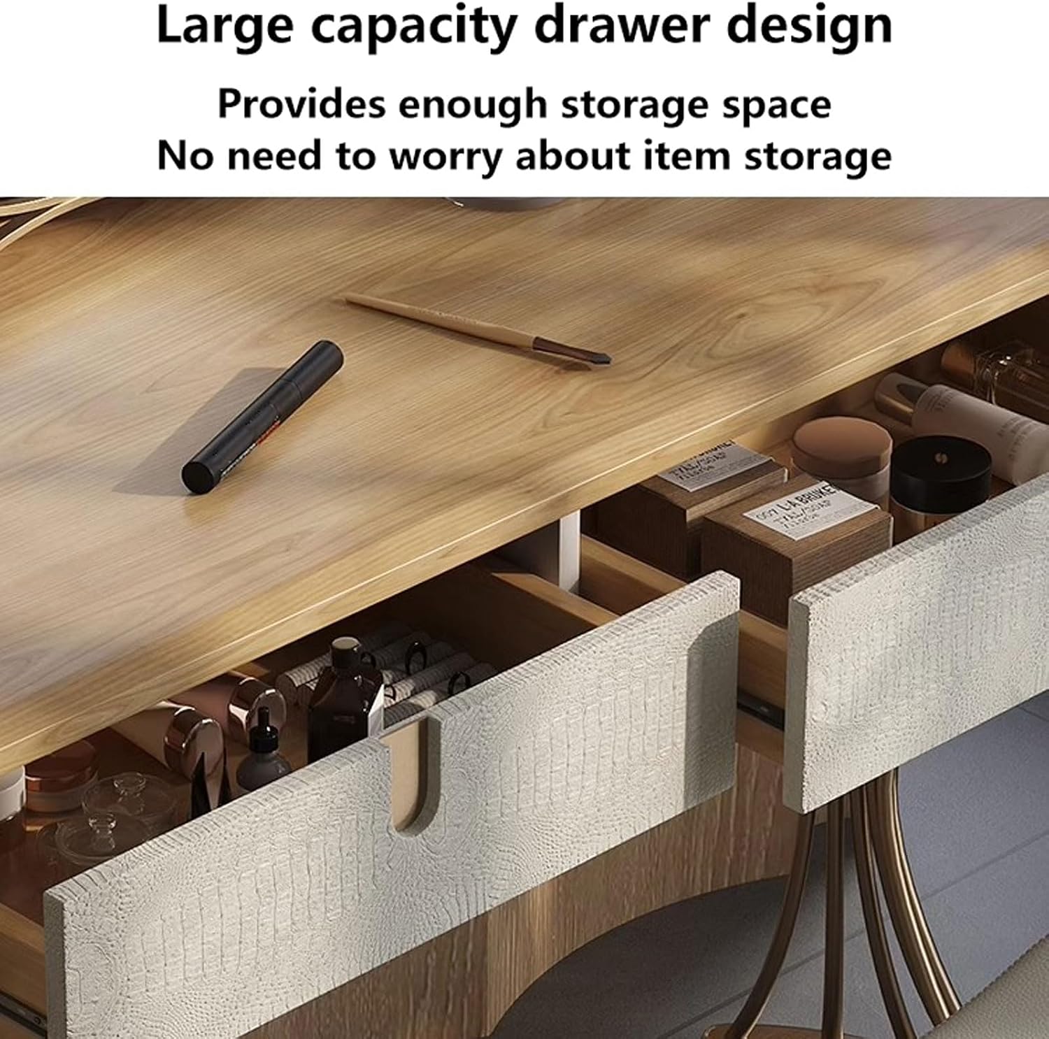 Thick Table Top Vanity Desk with Mirror Tri-Colour Lighting Creative Design Mirror Stainless Steel Stand Solid Wood Frame Makeup Table