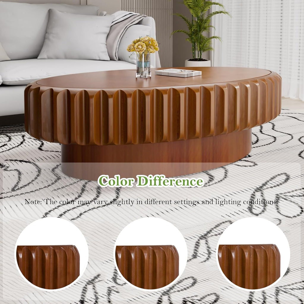 43.3' Oval Drum Coffee Table with Storage Rustic Chic Fluted Center Table - Handcraft Solid Wood Veneer Edge for Living Room Farmhouse (B 43.3in)