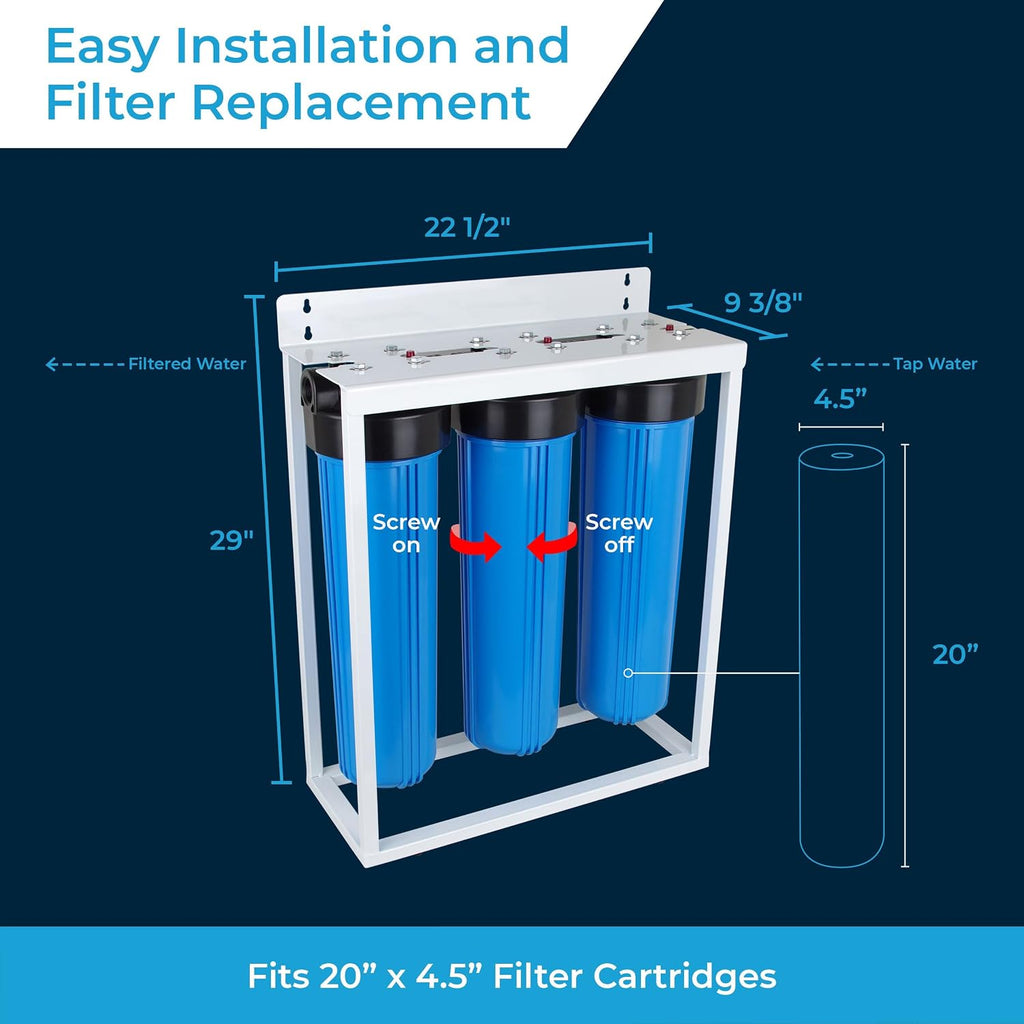 SpiroPure 3-Stage Water Filter #20 BB Filter Housings with Filter Stand, Three-Stage 20x4.5 Water Filter Housing and Freestanding Metal Frame, Triple Filter Housing