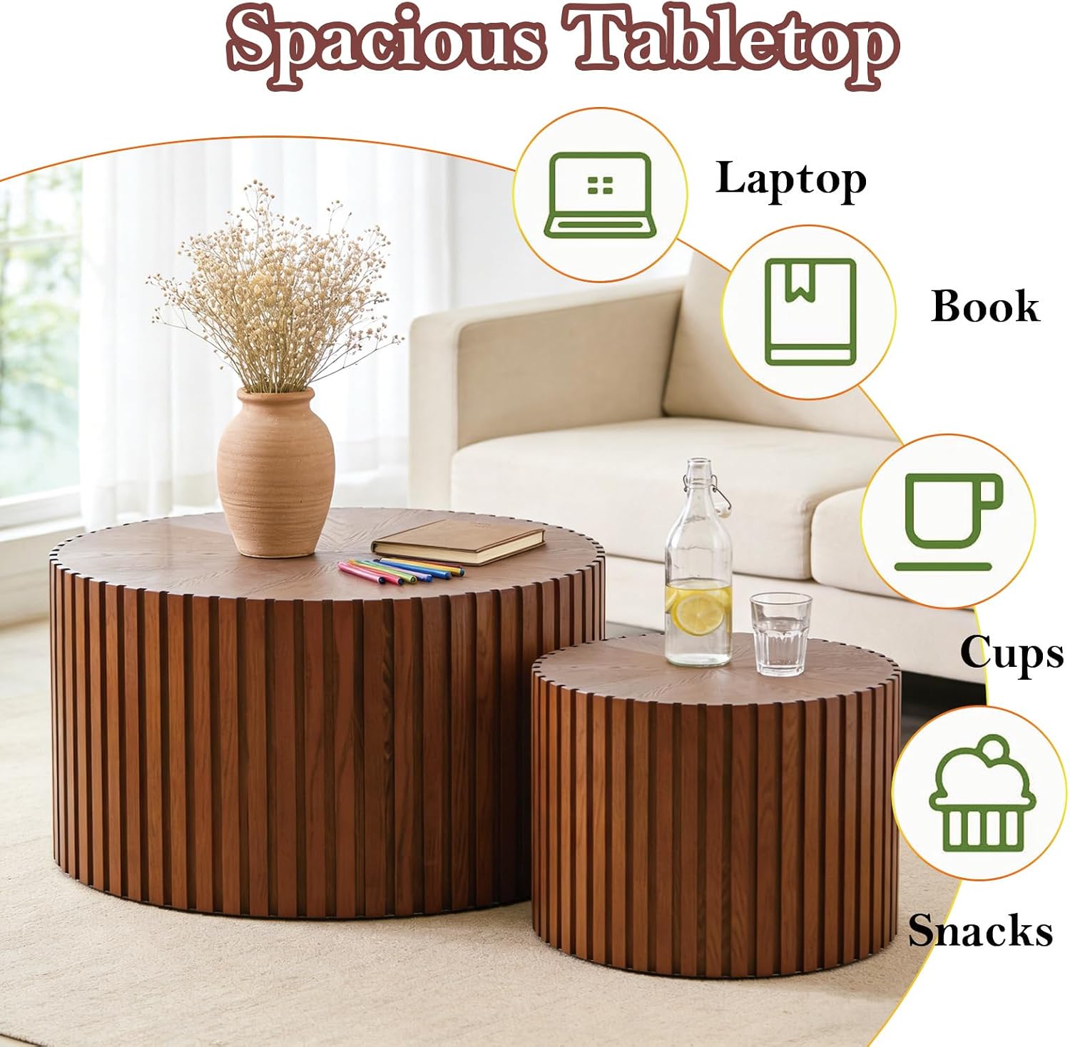 Handcraft Round Nesting Coffee Table - Chic Wave Stripe Edge, Modern Stylish Walnut Wooden Circle Fluted Center Table for Living Room (27.6in+19.7in)