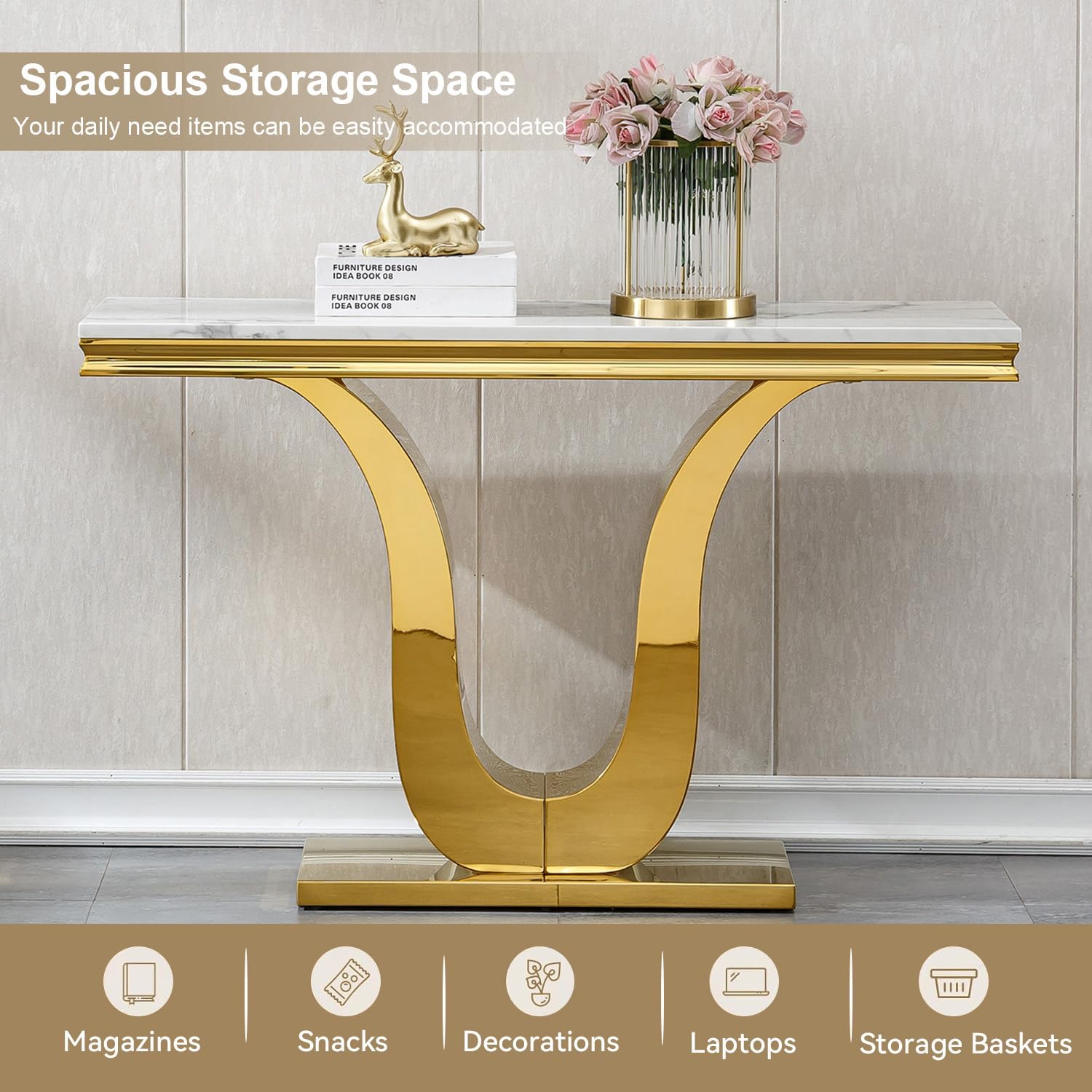 Marble Coffee Tables Set of 3, Modern White Marble Living Room Table Set with Gold Stainless Steel Base, Rectangle Coffee End Tables and Console Table Sets for Living Room Bedroom