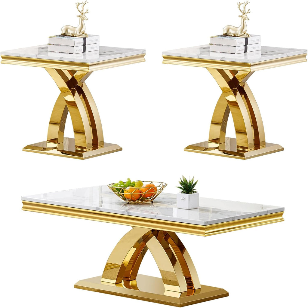 Faux Marble Coffee Table Set Living Room Table Set, Modern Rectangular Coffee Table 2 End Table with Faux Marble Top X Shape Stainless Steel Base for Home Office
