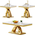 Marble Coffee Table Set of 3, 3 Piece Living Room Table Set Include 1 Coffee Table & 2 End Tables,Modern White Gold Coffee Table and End Table Sets with Double X Shape Stainless Steel Base
