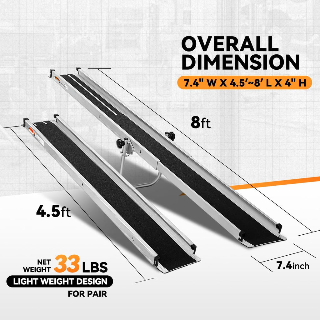 Auto Dynasty 8FT Adjustable Wheelchair Ramp with Support Stand, Portable Telescoping Folding Aluminum Wheel Chair Threshold Ramps for Home Steps Doorways, 96' L x 7.4' W, 1200Lbs Capacity (2 Pack)