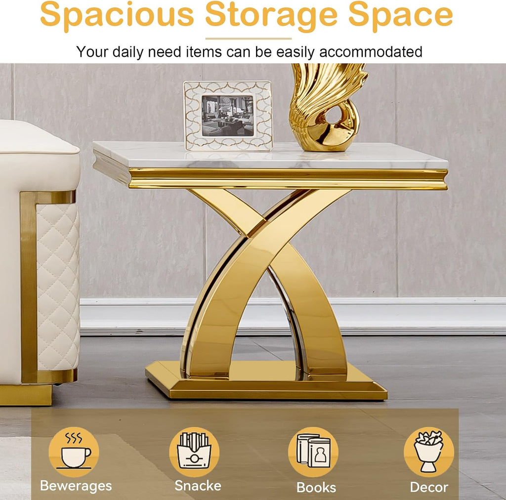 Modern White Gold Coffee Table Set of 3 Faux Marble Coffee Table and End Side Table Set, Luxury 3 Pieces Living Room Table Set with X-Shape Stainless Steel Base for Home Office