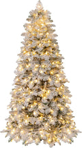 GOFLAME 7FT Pre-lit Artificial Christmas Tree, Snow Flocked Hinged Xmas Tree with 160 Ball Lights, LED Lights, 806 Branch Tips, 8 Lighting Modes and Metal Stand, Holiday Decoration Tree for Home Party