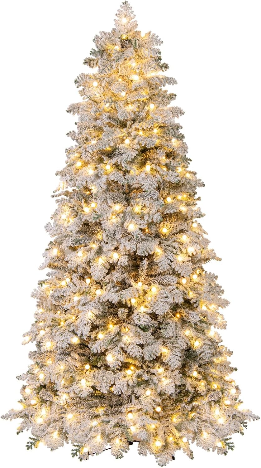 GOFLAME 7FT Pre-lit Artificial Christmas Tree, Snow Flocked Hinged Xmas Tree with 160 Ball Lights, LED Lights, 806 Branch Tips, 8 Lighting Modes and Metal Stand, Holiday Decoration Tree for Home Party
