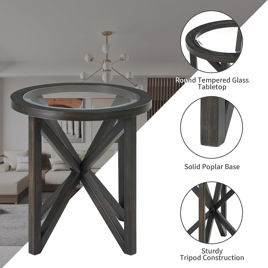 3-Piece Round Coffee Table Set, 1 Coffee Table & 2 End Tables with Tempered Glass Top and Solid Wood Base for Living Room Apartment Small Space (Black)