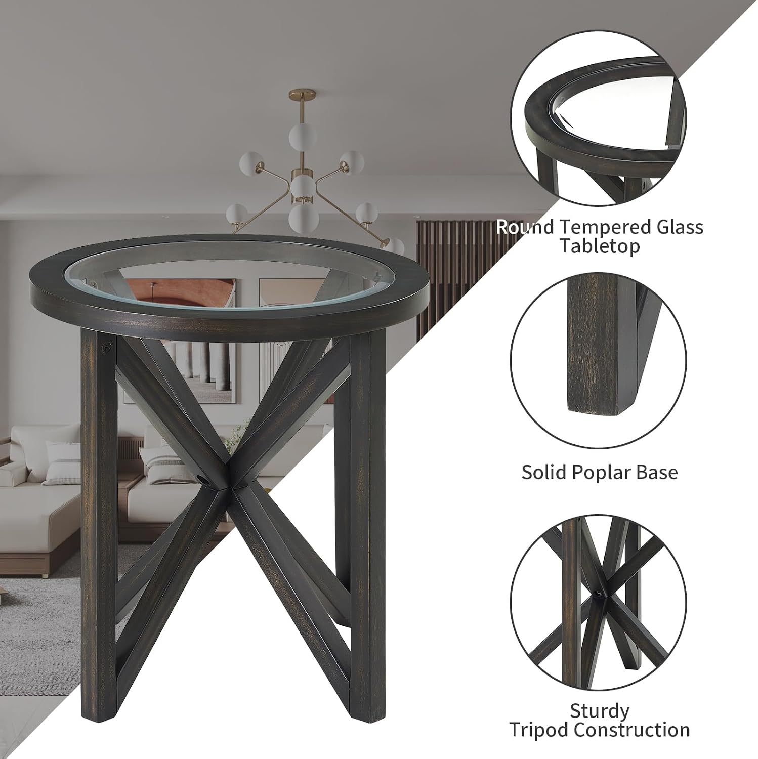 3-Piece Round Coffee Table Set, 1 Coffee Table & 2 End Tables with Tempered Glass Top and Solid Wood Base for Living Room Apartment Small Space (Black)