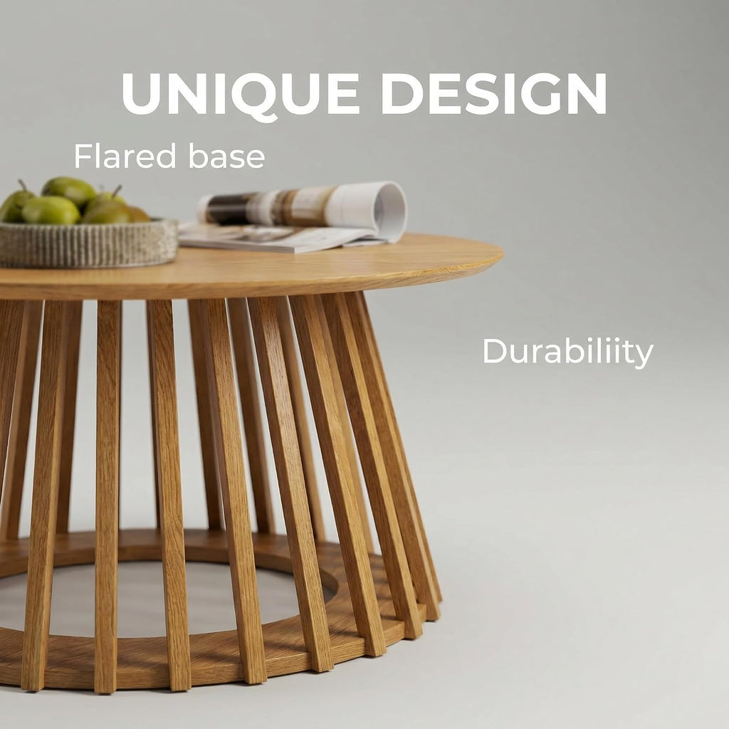HNY Modern Round Coffee Table for Living Room, Mid Century Wood 31.5' Circle Small Center Table with Wooden Fluted Base for Home Small Space, Bedroom, Apartment, Studio, Natural