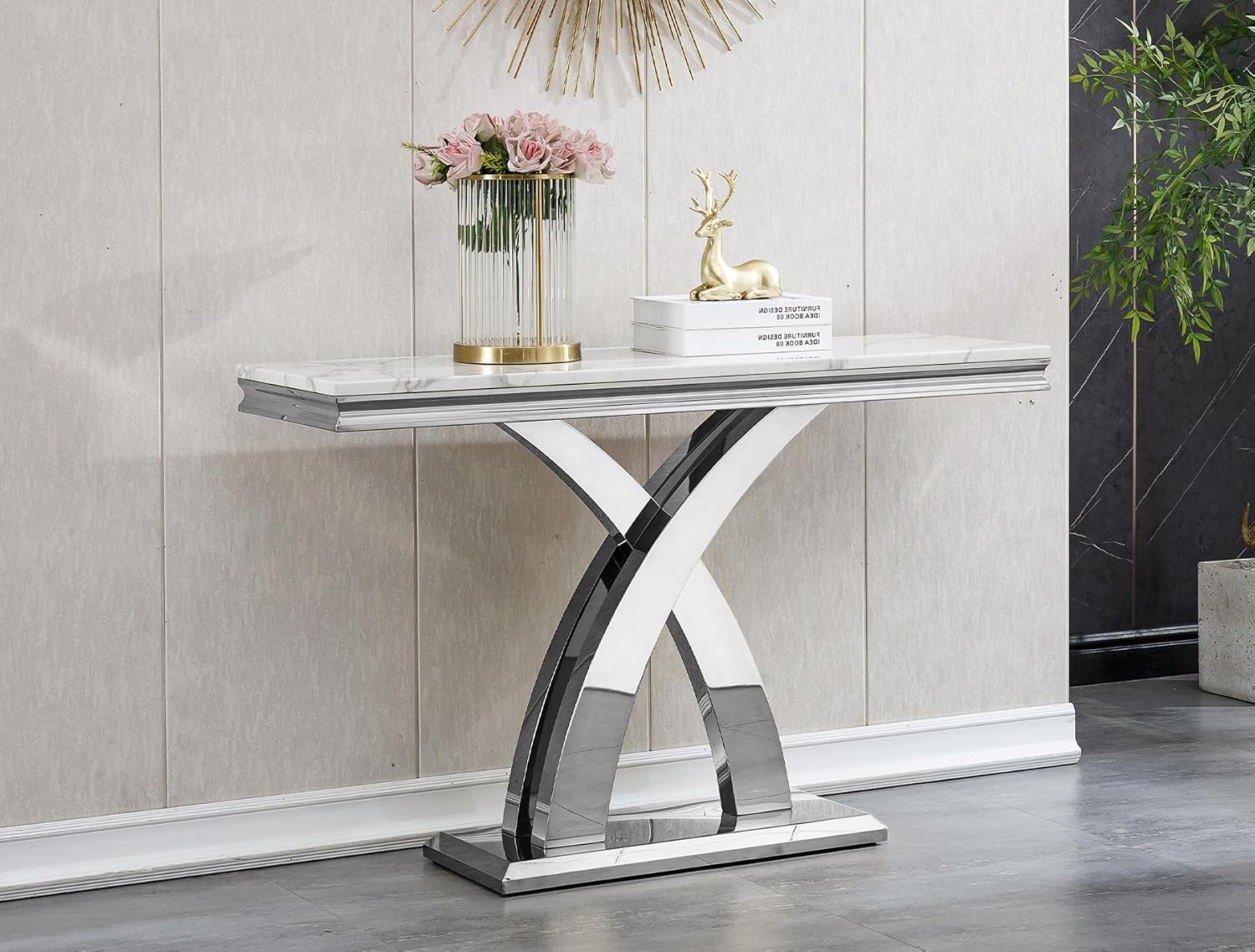 Modern White Silver Console Table, 47' Faux Marble Entryway Table Narrow Long Sofa Table, Luxury Accent Table Rectangle Behind Sofa Entrance Table Foyer Hallway Table for Living Room