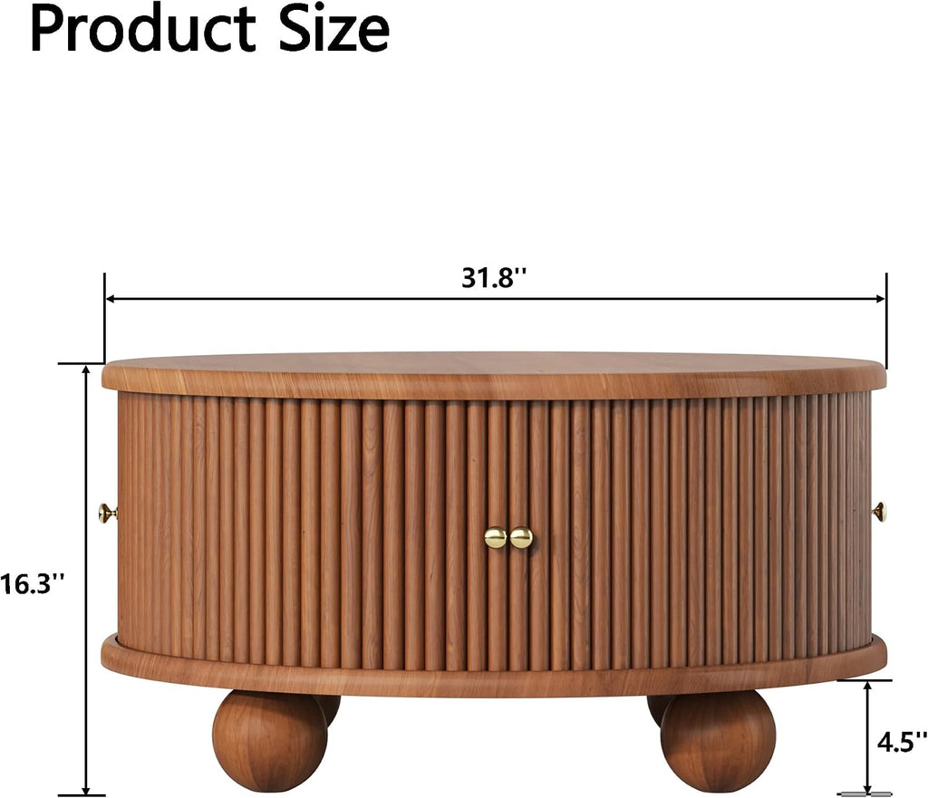 31.8'' Round Coffee Table with Storage Space for Living Room, Modern Fluted Wood Circle Coffee Table, Smooth Sliding Door, Walnut