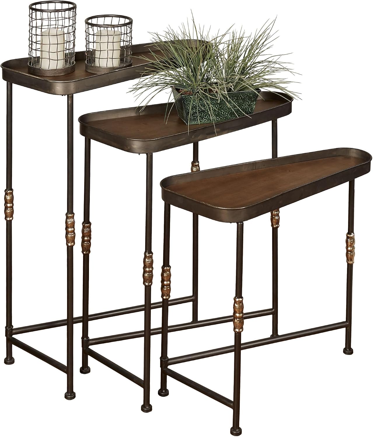 Bronwyn Metal and Wood Nesting Tables Dark Bronze Finish 28, 30.5 and 36 Inches Tall Set of 3