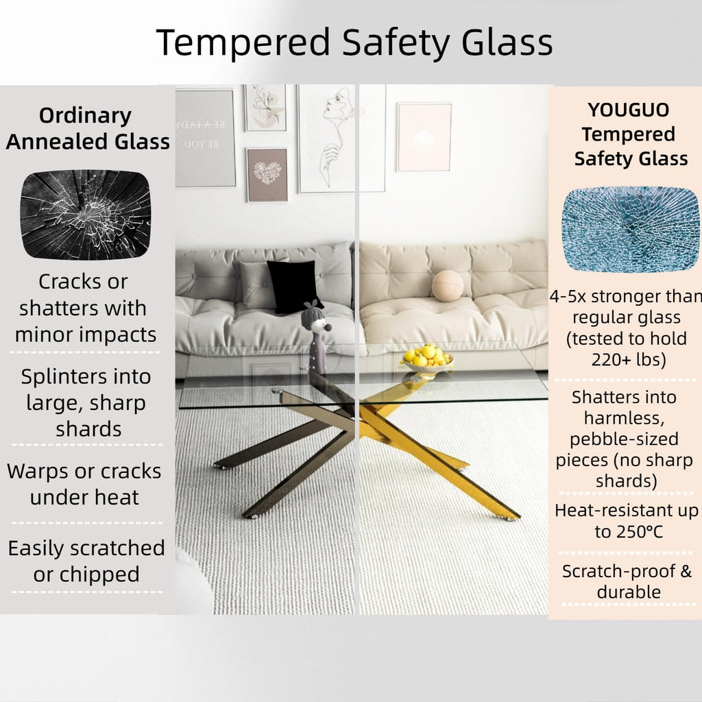 Glass Coffee Table Set of 3 Piece, Living Room Tables Set of 3 Pcs, Including 1 Coffee Table and 2 End Side Tables, Metal Frame, Tempered Glass, for Small Space, Apartment (Golden, W39.37' + W17.72')