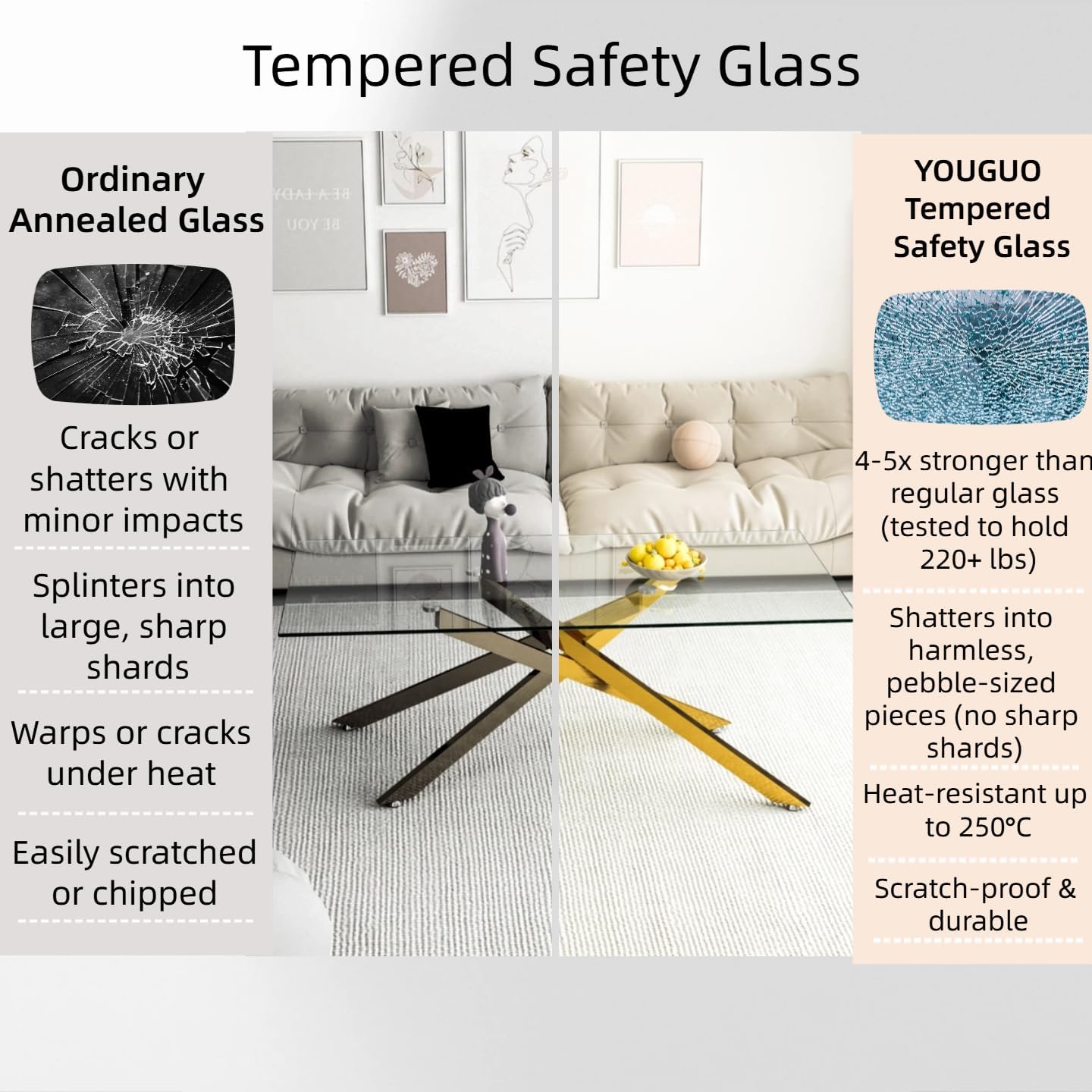 Glass Coffee Table Set of 3 Piece, Living Room Tables Set of 3 Pcs, Including 1 Coffee Table and 2 End Side Tables, Metal Frame, Tempered Glass, for Small Space, Apartment (Golden, W39.37' + W17.72')