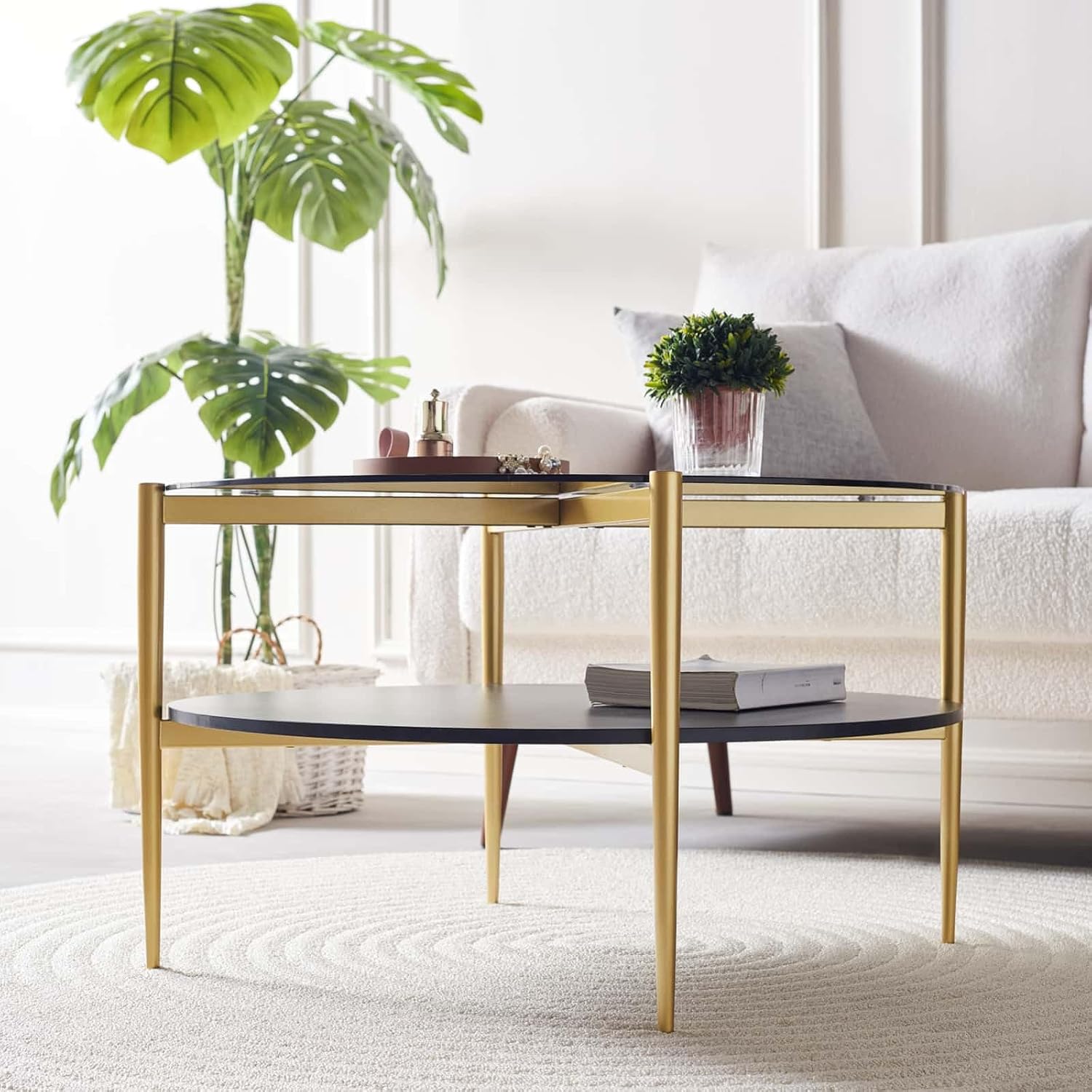 LumFurn Round Coffee Table for Living Room, Mid-Century Modern Design, D30 x H17, 2-Tier Structure, Grey Glass Top and Black Marble Finish Wood Shelf, Sleek Conical Metal Legs with Gold Finish Frame