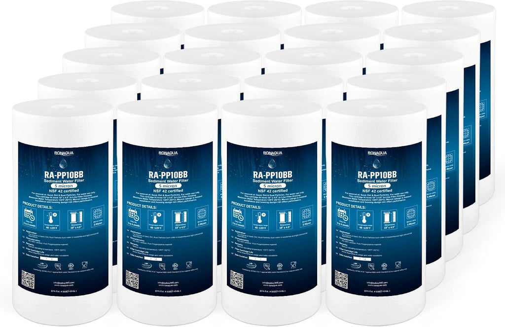 Ronaqua 10' x 4.5' Big Sediment Replacement Water Filter Cartridge, 5 Micron, NSF Certified, for Whole House, Compatible with RFC-BBSA, W15-PR, WFHD13001B, GXWH35F, HF45-10BLBK10PR and AP817, 20 Pack