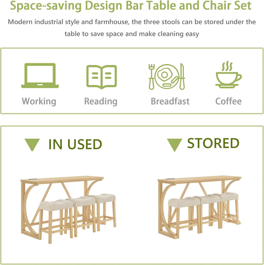 Merax 59 Inch Industrial Bar Table Set with Power Outlet, 3 Linen Upholstered Stools, Counter Height Table Set with 24 Inch Seat Height Stools for Kitchen, Living Room,Light Oak+Beige