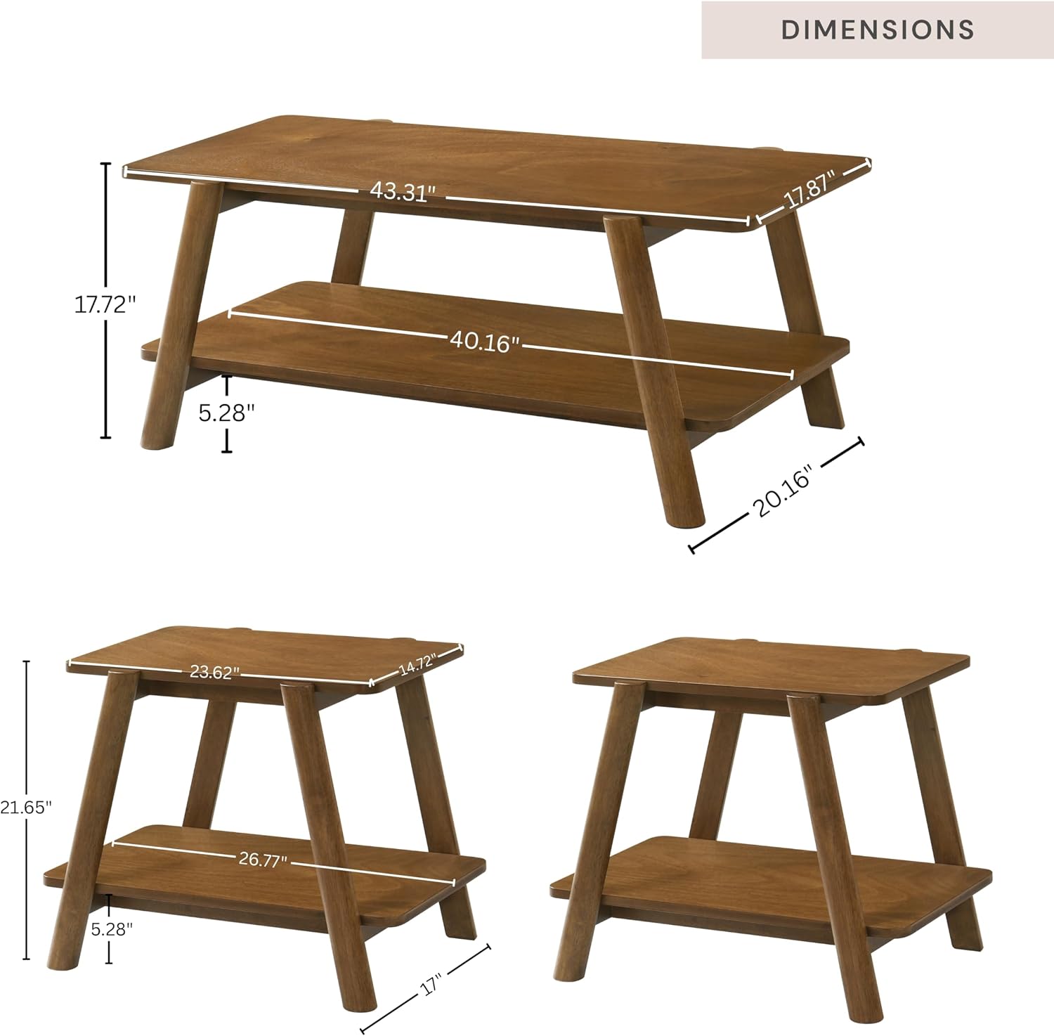 Roundhill Furniture Metz 3-Piece Coffee Table Set, Coffee Table and Two End Tables, Walnut Finish