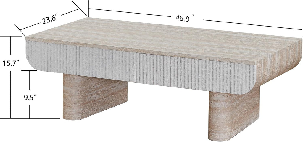 47' Travertine Coffee Table with Storage, Mid-Century Modern Fluted Coffee Tables with 2 Drawers for Living Room, Large Rectangular Coffee Center Tea Table with Sturdy Legs for Apartment Small Spaces