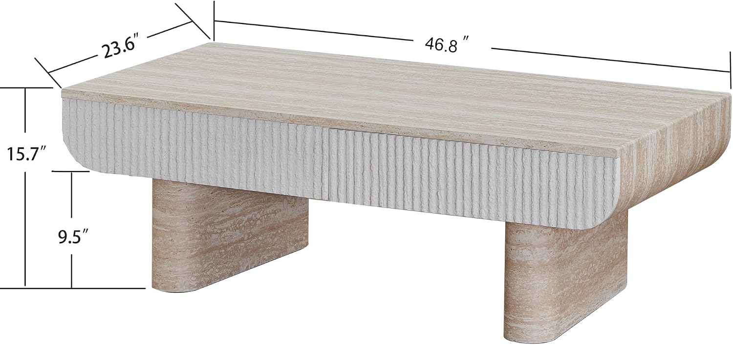 47' Travertine Coffee Table with Storage, Mid-Century Modern Fluted Coffee Tables with 2 Drawers for Living Room, Large Rectangular Coffee Center Tea Table with Sturdy Legs for Apartment Small Spaces