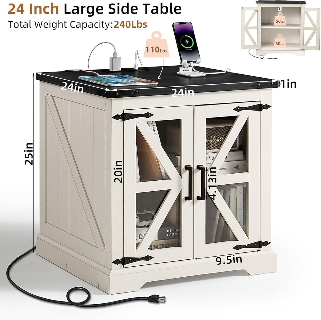Joaxswe 24' End Table Set of 2 with Charging Station, Farmhouse Night Stand with Glass Barn Door, Nightstands with Adjustable Storage Shelf, Large Wood Square Bed Side Table for Living Room,Bedroom