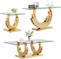 3 Pieces Living Room Table Set, Glass Coffee Table Set of 3, Modern Coffee Table, Console Table and End Table with Three U-Shaped Stainless Steel Base for Living Room (Gold)