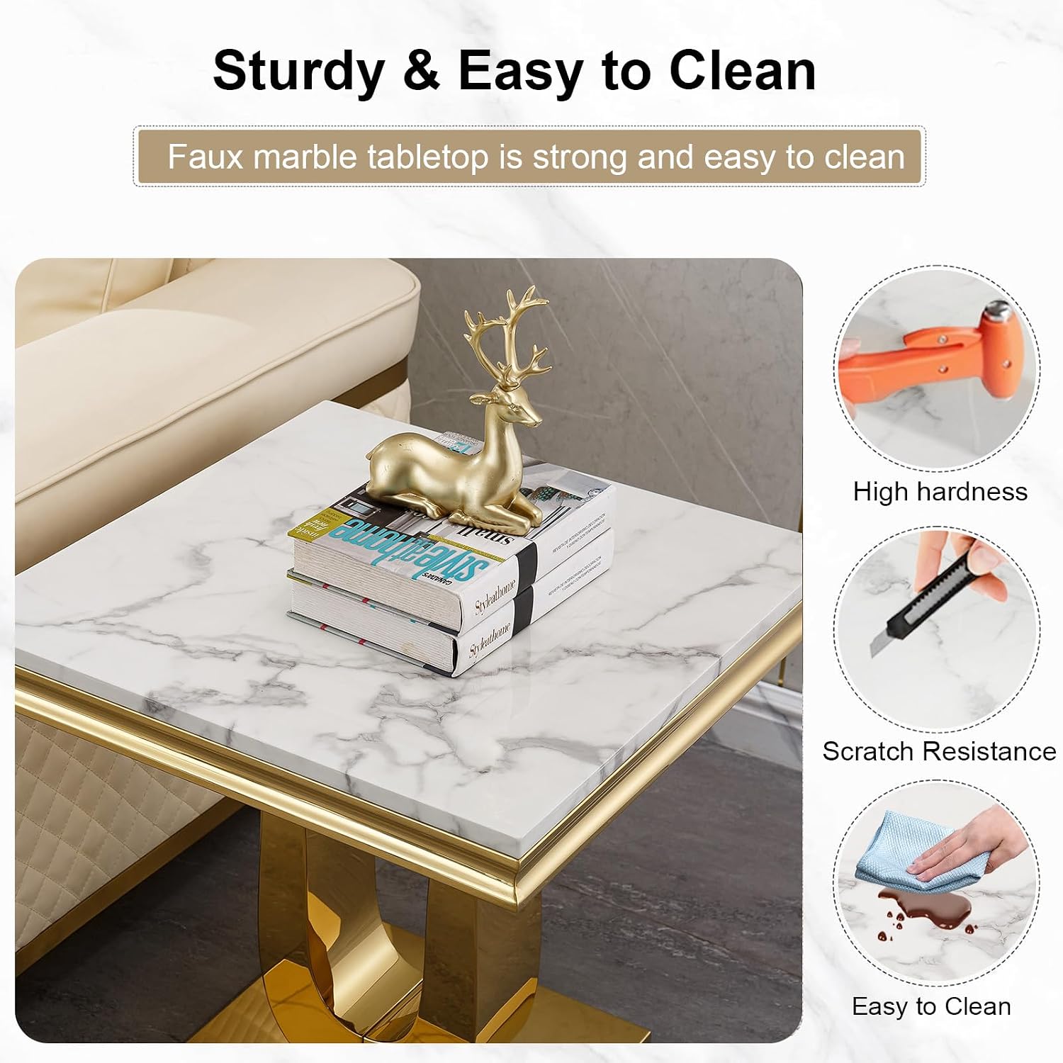 Marble Coffee Tables Set of 3, Modern White Marble Living Room Table Set with Gold Stainless Steel Base, Rectangle Coffee End Tables and Console Table Sets for Living Room Bedroom