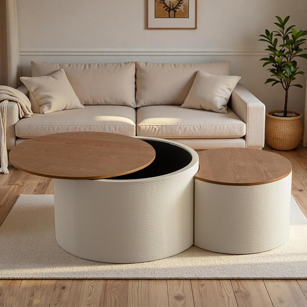 WXFKLDJ Nesting Coffee Tables Set of 2 Leather Finish Round Coffee Tables with Storage Wood Frame Drum End Side Table for Small Space Living Room Bedroom No Assembly Needed (White with Storage)