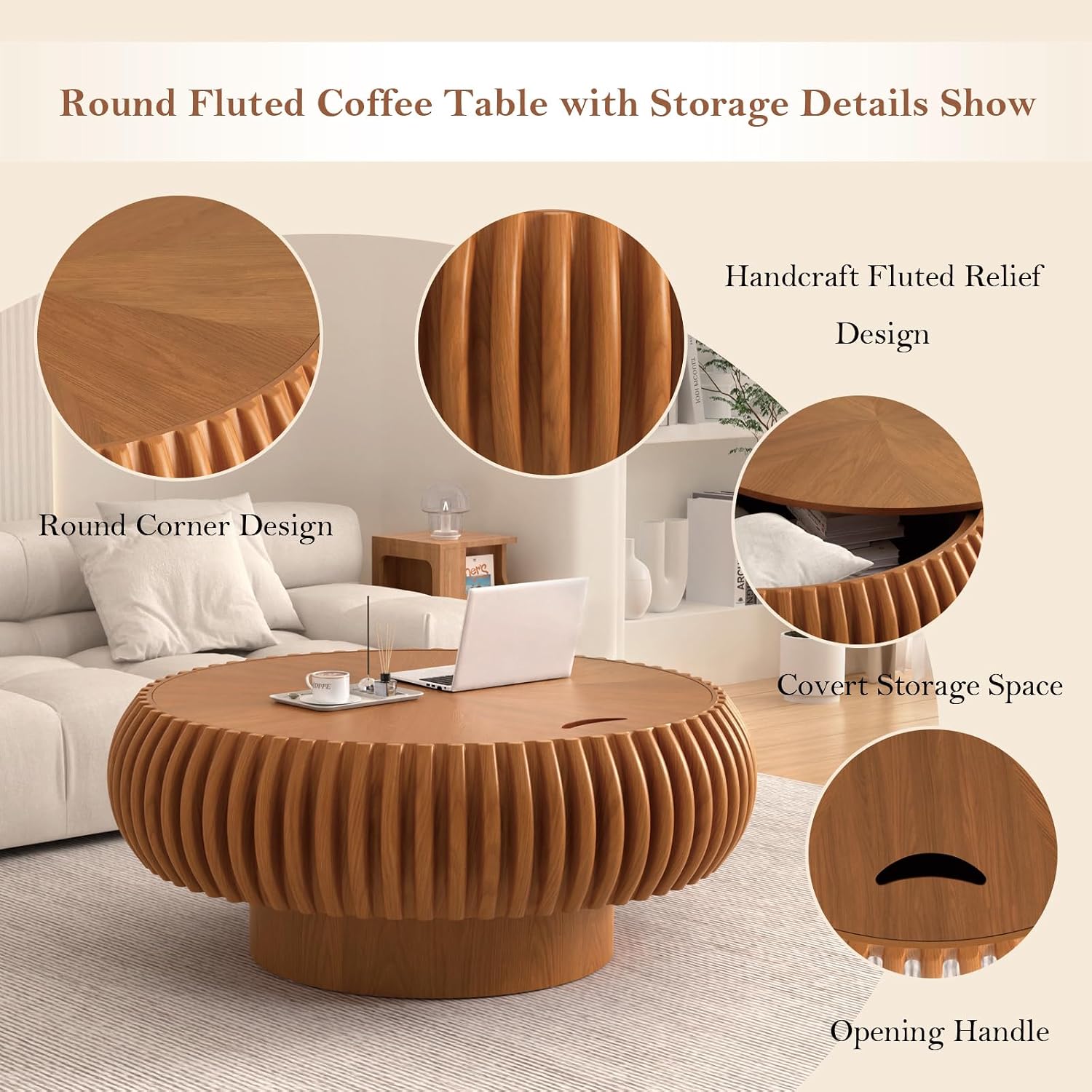31.5' Round Fluted Coffee Table with Storage Unique Contemporary Wood Low Circle Drum Tea Tables - Sturdy Pedestal for Small Space (J Brown 31.5in)
