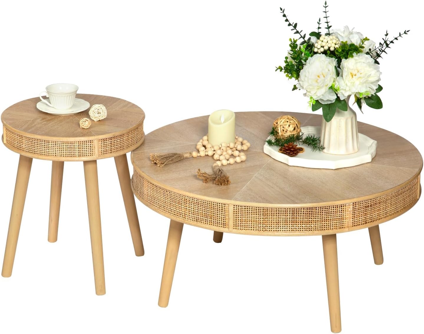 RUSTOWN 2-Piece Farmhouse Coffee Table, Modern Rustic Sofa Side Tea Tables, Solid Wood Finish with Crafted Rattan Side and End Table Sets for Living Room (Natural)