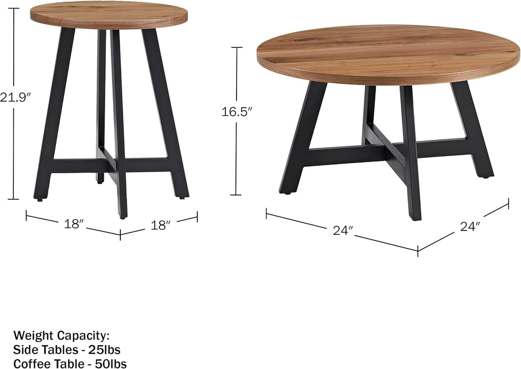 Lavish Home 3-Piece Coffee Table Set - Industrial Modern Round Coffee Table and 2 Side Tables - for Living Room, Apartment, or Dorm Room (Walnut)