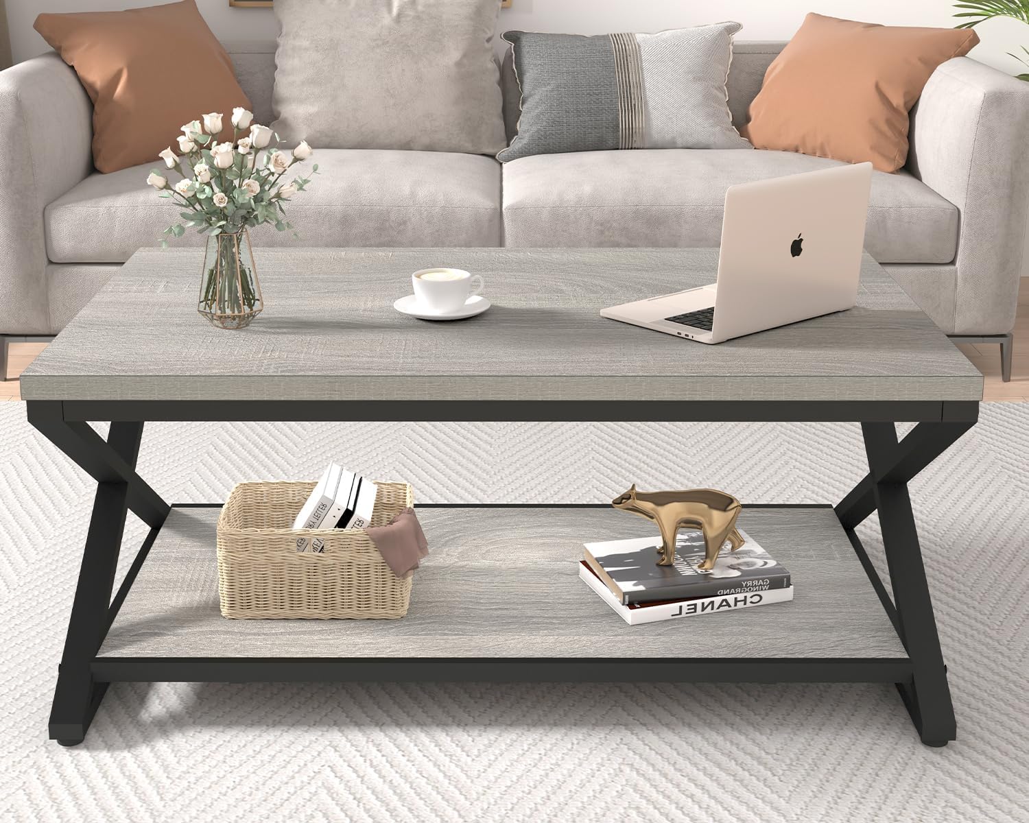 HSH Rustic Grey Coffee Table, Modern Minimalist Living Room Table with Storage Shelf, Industrial Simple Metal Wooden Center Table, 2 Tier Rectangle Cocktail Tea Table for Home Office Bedroom, 39 Inch