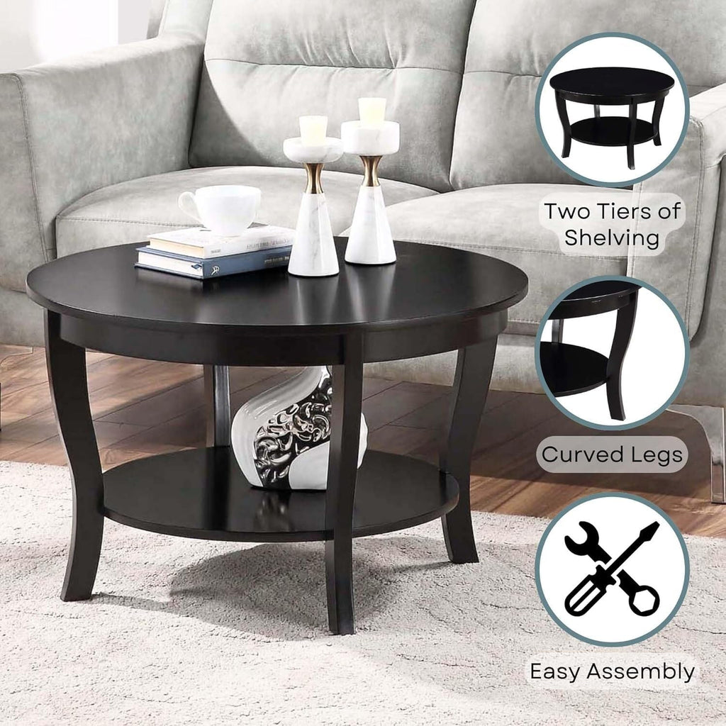 HomeStock Global Greatness Round Coffee Table with Shelf, Wood Finish, Classic Transitional Style Table, Two Tier Spacious Shelving, 30.00 x 30.00 x 18.00 Inch Black