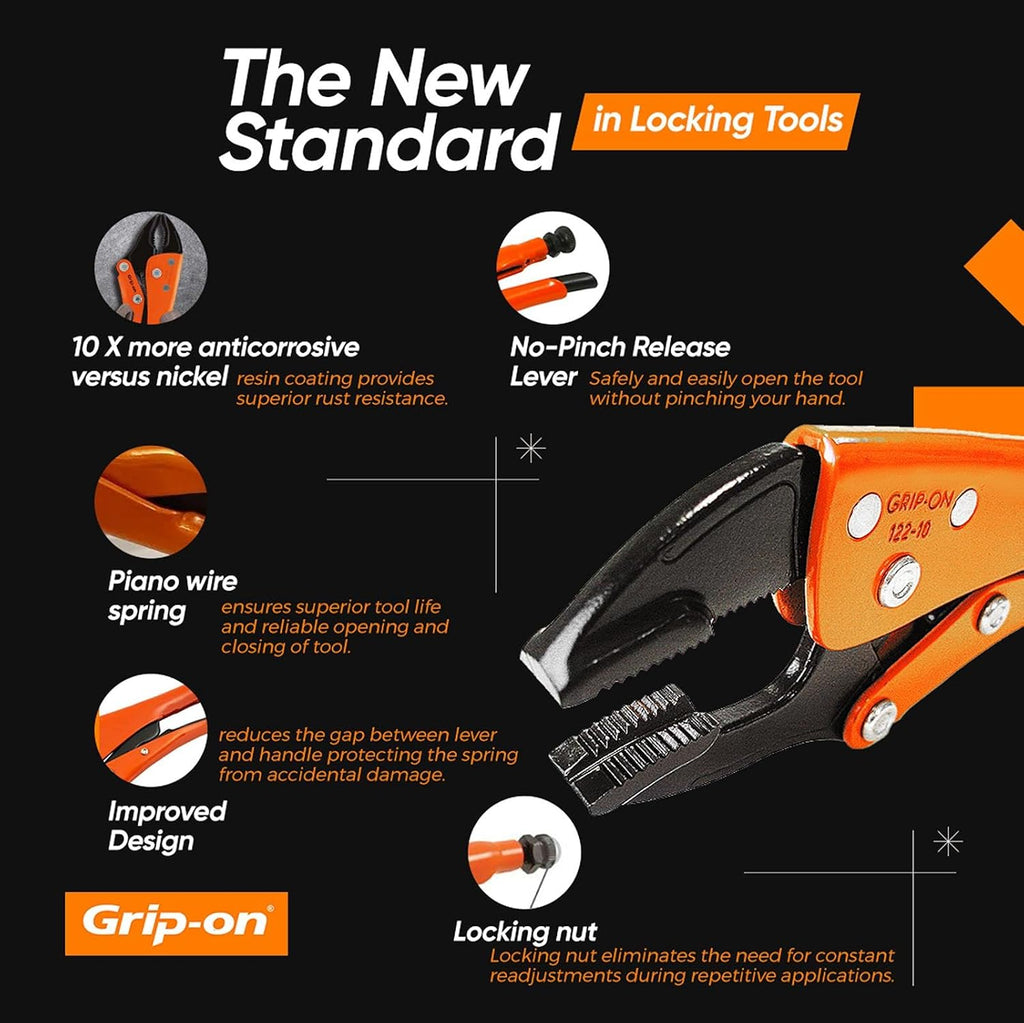 Grip-On 10 Piece Locking Pliers and Clamp Set | Straight & Curved Jaw, Long Nose, Wire Cutter, C-Clamp & Chain Clamp | Welding Pliers & Sheet Metal Tools with Storage Rack