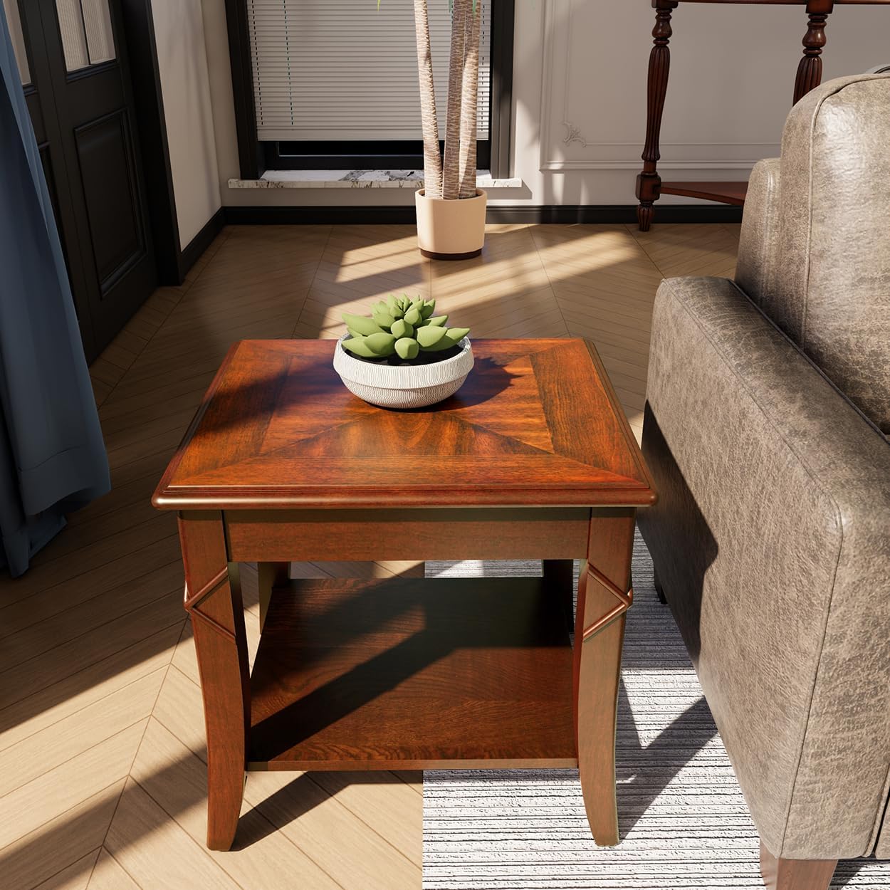 Mid-Century Modern Coffee Table Set of 3, 3-Piece Solid Wood Living Room Table Set, Coffee Table with 2 Square End Side Tables, Cherry Walnut Home Furniture for Apartment KFZ-DR200-3