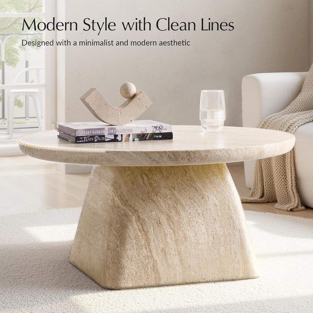 HULALA HOME Modern 31.88' Round Coffee Table with Stone-Look Finish and Sculpted Pedestal Base, Stylish Living Room Center Table(Natural)